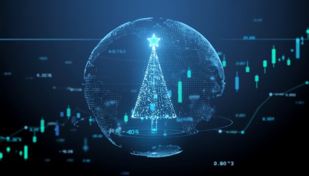 A digital Christmas tree superimposed on a globe with financial data