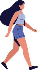 Fototapeta premium Woman walking in casual summer outfit with long dark hair and shorts vector illustration 