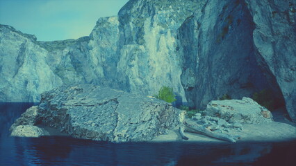 Breathtaking cliffs tower over tranquil waters, creating a peaceful atmosphere. The sun shines brightly, illuminating the rocky shoreline and lush greenery along the waters edge.