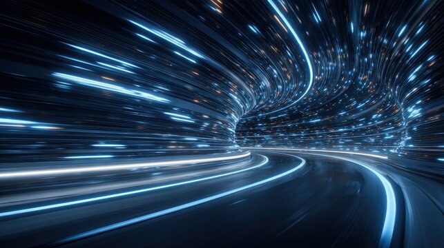 A swirling tunnel filled with vibrant blue and white lights gives the impression of speed and movement. The curved road leads deeper into the glowing space, creating a futuristic atmosphere.