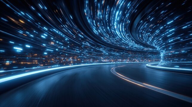 Bright blue light trails swirl around a curving road. The scene captures a dynamic sense of speed, creating a futuristic atmosphere at night.