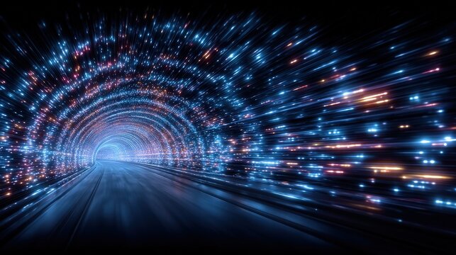 A dynamic tunnel of colorful lights creates a sense of motion and speed. Blue and orange lights swirl along the dark passage, suggesting a journey through a futuristic landscape.
