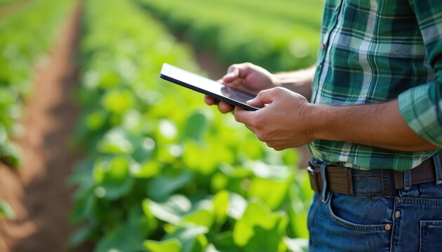 Man uses tablet in field. Agronomist monitors crop growth. Farmer checks data on device. Green plants in background. Agriculture technology.