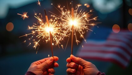 Two hands hold lit sparklers with American flag blurred in background. Bright stars burst from wands creating festive holiday atmosphere. Celebratory lights glow in twilight evening. People enjoy