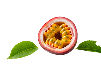 Passion fruit cut in half isolated on transparent background with green leaves