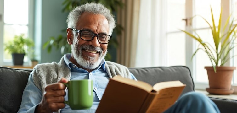 Smiling senior african man with glasses relaxes on sofa with coffee and book. Enjoying literature and quiet retirement time at home. He holds a mug and reads with pleasure.