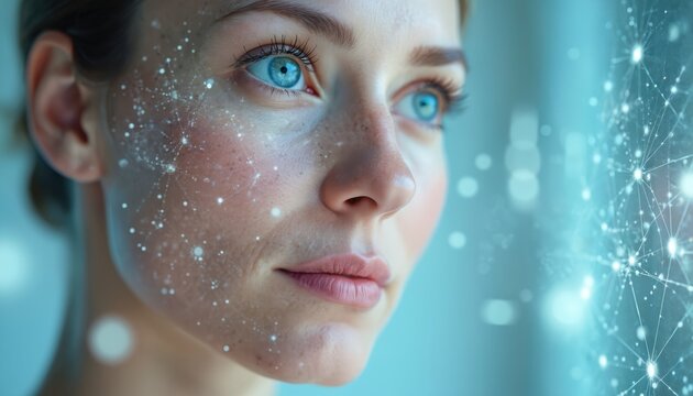 Young caucasian woman interacts with high tech smart mirror system. Glowing data points map face, show skin analysis. Observes digital interface, future beauty solutions. AI provides personal care