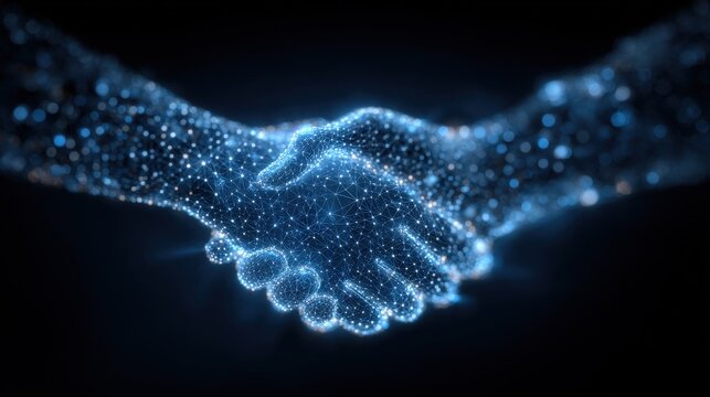 Two human hands come together in a handshake, glowing with tiny lights. This scene represents unity and cooperation in a digital and technological world, highlighting the power of collaboration.