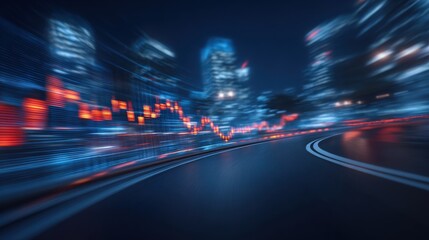 Bright lights illuminate a city skyline at night, blending with graphical data trends. Roads curve while abstract financial data shows fluctuations, symbolizing dynamic market movement.