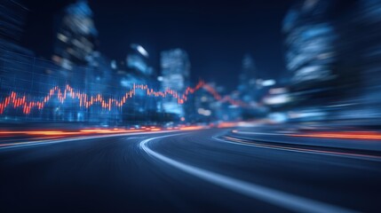Bright city lights shine against a dark sky as traffic moves quickly along a curved road. A stock market graph overlays the scene, showing upward and downward trends in financial data.