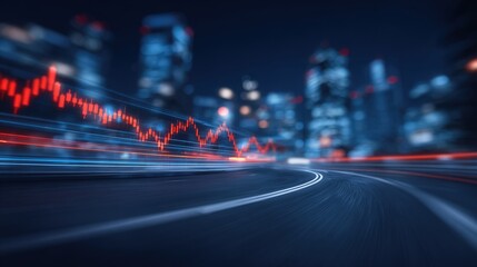 A nighttime city scene showcases a blurred road curving through skyscrapers. Bright red and blue stock market trend lines illuminate the darkness, reflecting movement and energy.
