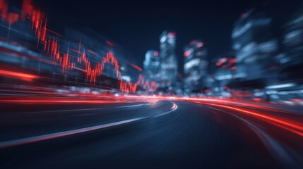 A cityscape at night features tall buildings and illuminated streets. Red light trails create a sense of speed, while a financial graph overlays the scene, showing upward and downward trends.