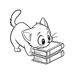 A baby kitten sniffs around a stack of books eyes19.eps