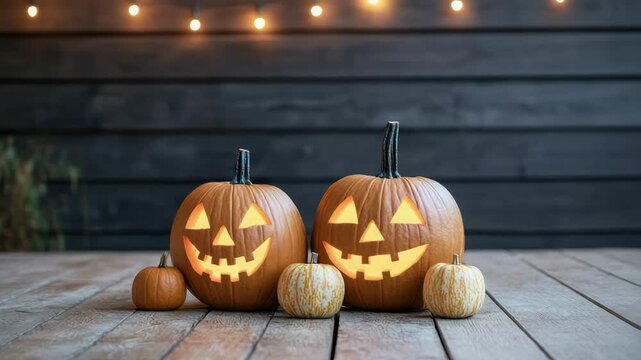 Festive Autumn Decoration with Carved Pumpkins Creating Glowing Halloween Atmosphere