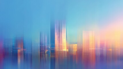 A stunning view of a city skyline during sunset shows tall buildings illuminated by warm hues. The scene is artistically blurred, emphasizing the transition of light and color in the sky.