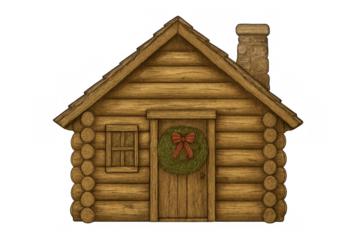 Log cabin house with a rustic christmas wreath on the door, creating a cozy holiday and winter season atmosphere