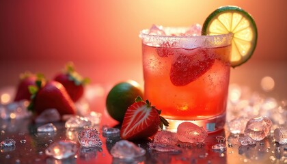Vibrant red cocktail glass holds ice cubes, strawberry slices. Lime wedge garnishes sugared rim. Fresh strawberries, whole lime, scattered ice sit on wet surface. Refreshing beverage ready for