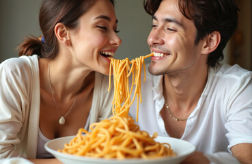 Young couple eating spaghetti together from one plate. Man and woman share pasta on date at home. Lovers enjoying tasty meal and each other company in kitchen.