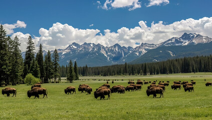 Lamar Valley, Yellowstone National Park, Wyoming, USA — Expansive Lamar Valley with a herd of bison grazing across golden grasslands and distant mountains under a clear sky.