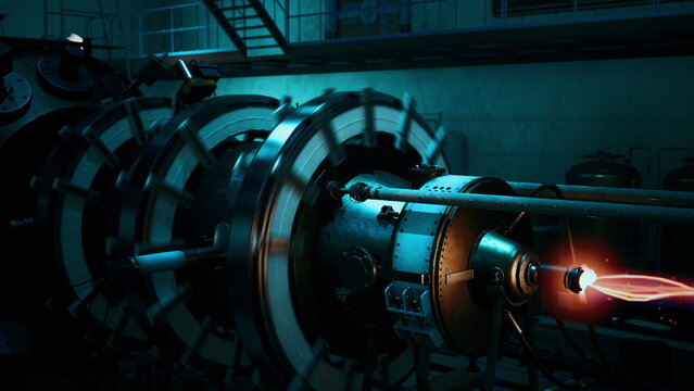 Deep within a high tech laboratory, a complex machine hums with energy, showcasing intricate parts and glowing elements. Sparks and lights fill the space, revealing innovative engineering.