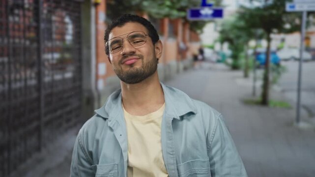 Man with glasses tilting his head back and smiling in a light blue jacket on a sunlit busy city street; optimism joy confidence.