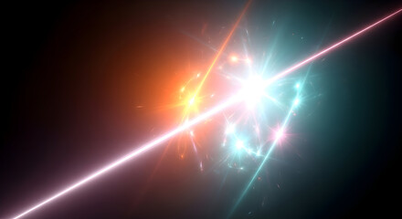 Mesmerizing abstract light beams converging and flaring with dynamic energy against a deep dark background, creating a vibrant spectacle of futuristic illumination and cosmic power