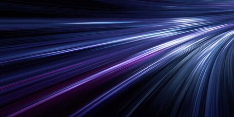 Abstract dark background with bright blue and purple light streaks motion blur
