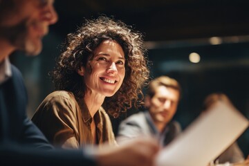 Woman with curly hair smiling brightly during a dimly lit meeting.