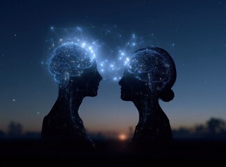 Silhouettes connect glowing digital brains against a dark twilight sky.