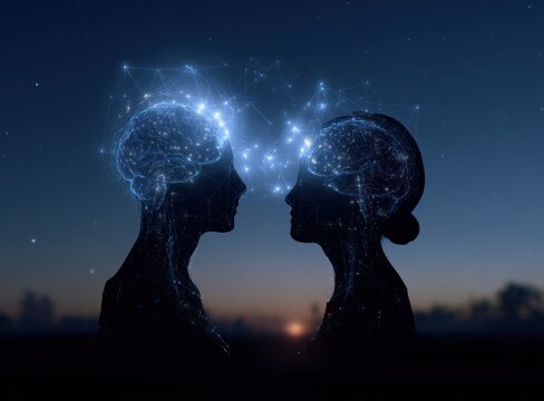 Silhouettes connect glowing digital brains against a dark twilight sky.