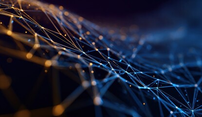 Abstract glowing network structure with blue and orange light points.