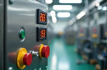 Industrial control panel with red buttons, digital displays showing temperature and pressure readings, green light in a factory or manufacturing facility with machinery in the background.