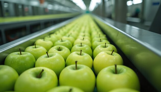 Green apples on conveyor belt in produce factory. Fresh apples move along production line. Healthy food processing in industrial facility. Quality control and sorting of fresh fruit. - Powered by Adobe