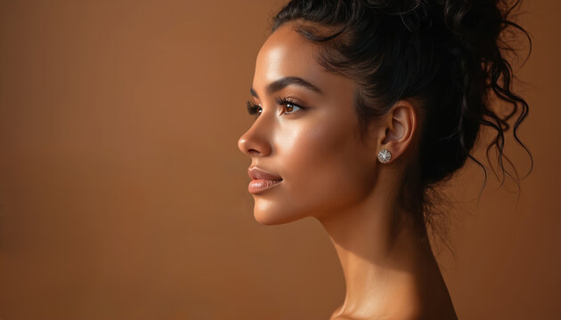 Side profile of young woman with dark curly hair pulled back, showing flawless skin, delicate features. Soft light highlights natural beauty, elegant style. Gaze forward with subtle confidence, poise.