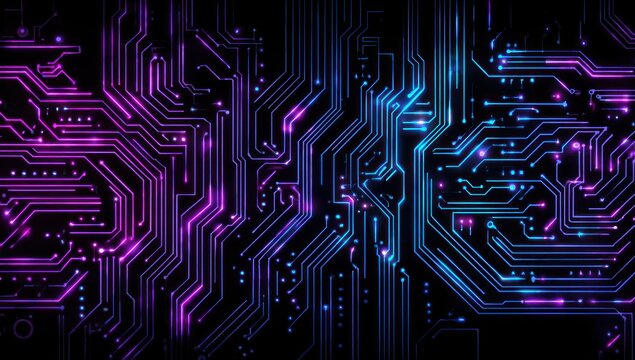 Glowing neon circuit board traces in purple and blue on black background.
