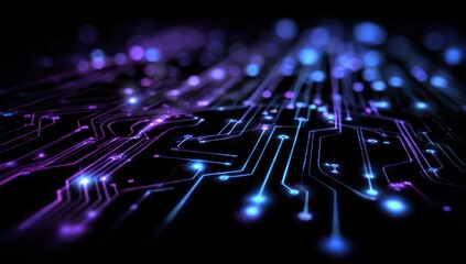 Abstract glowing circuit board traces with blue and purple light effects.