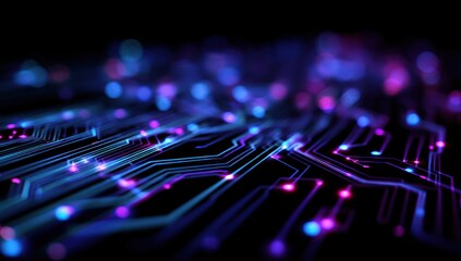 Glowing abstract circuit board lines with bokeh lights on black background.