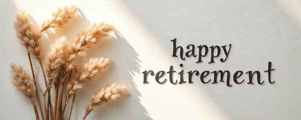 Happy retirement greeting text on light background with sunlight. Bouquet of dry pampas grass creates calm, aesthetic composition. Congratulation card banner concept for retired seniors celebrating