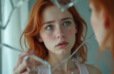Young woman sees fractured reflection in broken mirror. Redhead girl touches glass shard fragment with fingers, looking sad and thoughtful. Her face shows distress and self doubt.