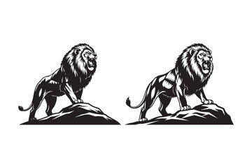 Two majestic lions silhouetted on rocks in black and white