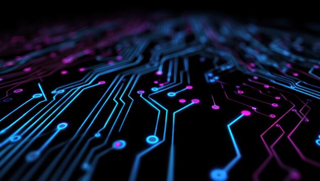 Abstract glowing blue and magenta circuit board lines on black background