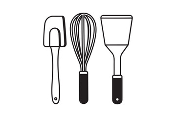 Simple line art of three essential kitchen utensils for baking and cooking