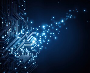 Glowing blue circuit board traces against a dark background.
