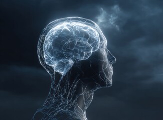 Glowing wireframe human head profile against dark stormy background