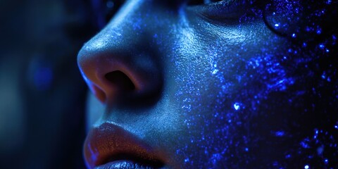 Extreme close up of face with blue glitter under dark lighting.