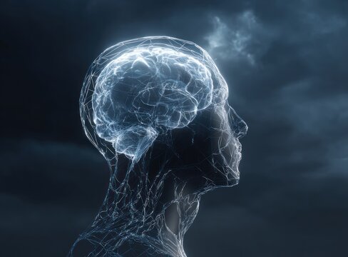 Glowing wireframe human head profile against dark stormy background - Powered by Adobe