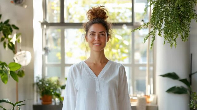 Joyful woman smiling in bright indoor space surrounded by greenery radiating positivity and warmth