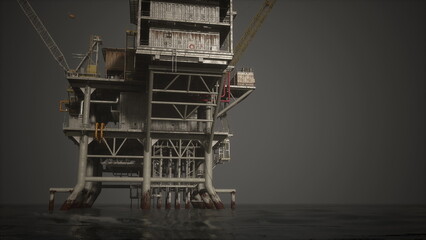 A massive exploration platform rises above the ocean surface, surrounded by dark waters. Workers focus on their tasks while the gray sky sets a moody atmosphere.