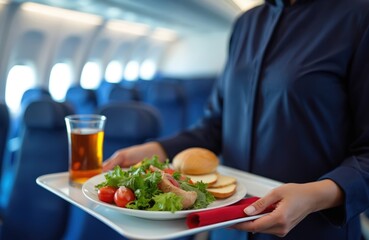 In-flight service Flight attendant presents meal tray with salad, bread and beverage on airplane seat. Focused on passenger comfort during air travel. Pro hospitality scene in aviation.