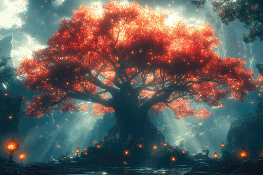 The Majestic Mahogany Tree Illuminated by Lanterns in Jungle - Powered by Adobe